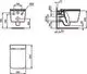 Technische Zeichnung eines Wand-WC-Elements von Ideal Standard, einschließlich Maße und Anschlussdetails in den Ansichten vorne, seitlich und unten.